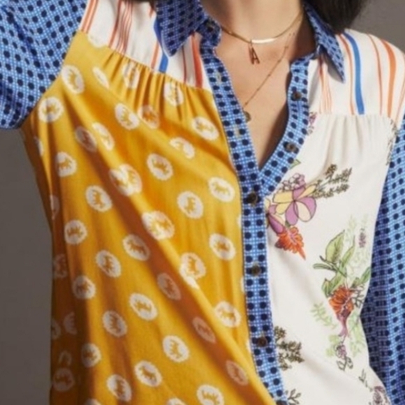 Anthropologie Preppy Maeve The Paz Button Down Colorful Patchwork Blouse Sz XLP - Picture 2 of 16